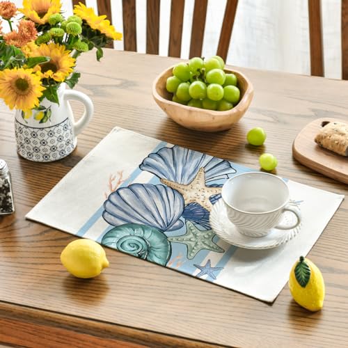 Sea Shell Starfish Placemats Set of 4 - 12x18 Inch Beige Ocean Table Decor