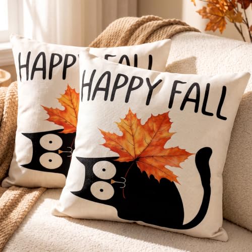 Cat Fall Pillow Covers 20x20 Pack of 2 - Autumn Colors Watercolor Design