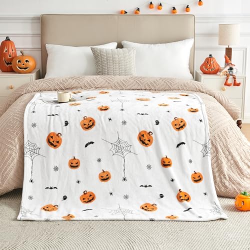 Halloween Throw Blanket 50x60 Inches - Spooky Pumpkin Bat Web Print Cozy Fuzzy Blanket for Couch Bed Kids & Adults - Variation of THIS listing 03 White