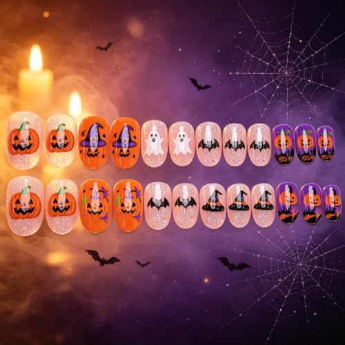 Multicolor Halloween Coffin Press On Nails with Pumpkin Bat & Ghost Design - Medium, 24 Pieces