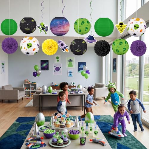 Alien UFO Paper Lanterns Party Decorations - 17 Pcs Space Theme Set