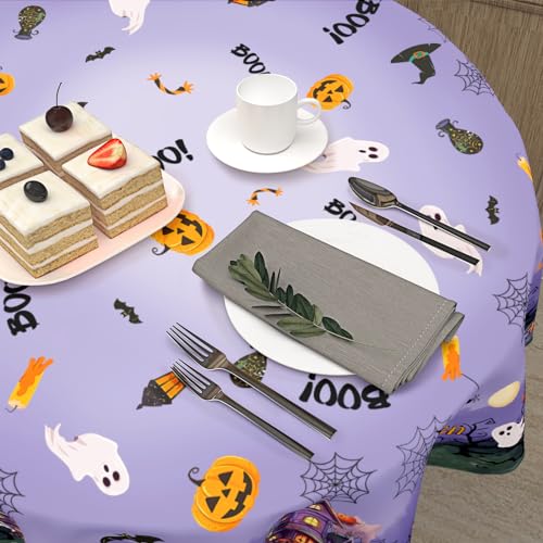 Halloween Round Tablecloth 60 Inch Spider Web Pumpkin Decor - Dark Purple