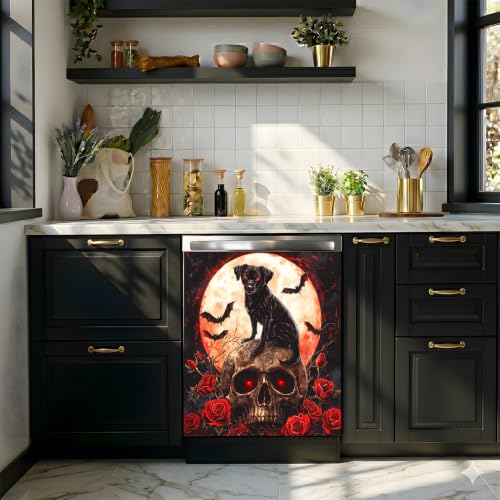 Halloween Dog Skull Dishwasher Magnet Cover - 23x26 Inch Kitchen Decor, Magnetic Refrigerator Sticker - Variation: Skull Dog
