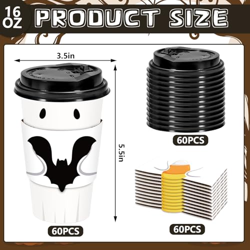 White 16 Oz Halloween Disposable Coffee Cups with Lids, Bat & Pumpkin Sleeves - 60 Set