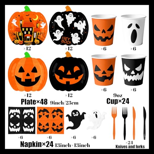 Halloween Pumpkin Paper Plates Napkins Cups Set for Spooky Party Decorations