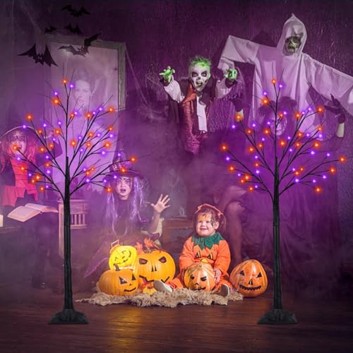 Halloween Black Tree with 100 LED Orange & Purple Lights - 4Ft, 2 Pack, Adjustable & Waterproof
