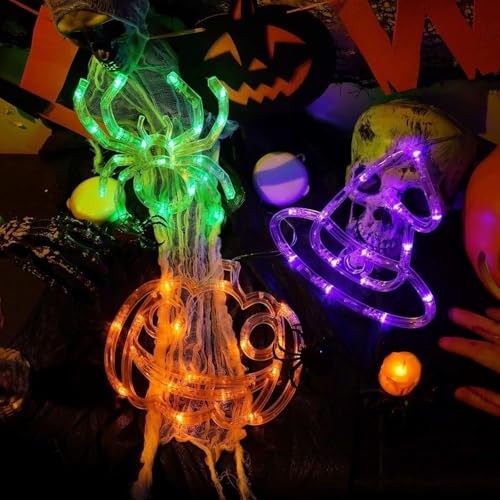 Halloween Window Lights Set - Pumpkin, Witch Hat & Spider Shapes, 3 Pack (Orange Purple Green)