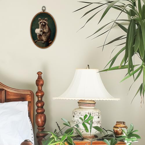 Funny Raccoon Wall Art - Toilet Paper Bath Oval Canvas Decor 8.6x11.4 inches - Raccoon Variation