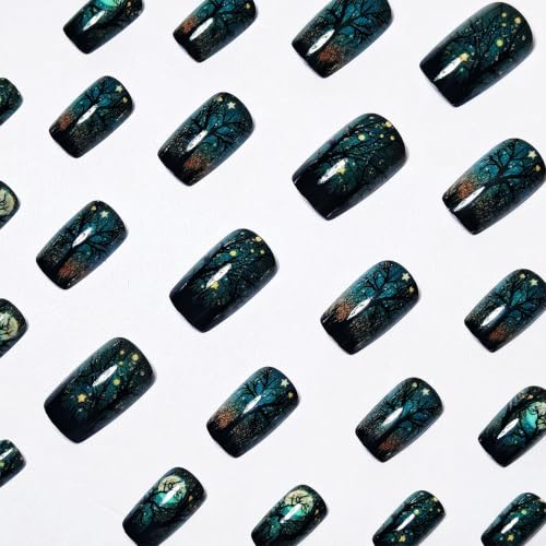 Halloween Press On Nails Medium Square with Dark Night Forest Moon & Star - Style3