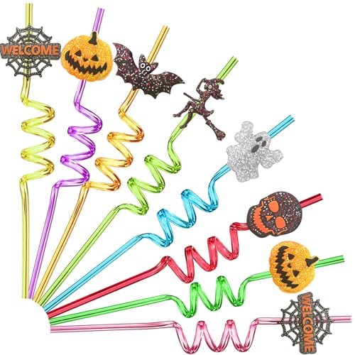 Halloween Glitter Crazy Straws Set - 24pcs with Pumpkins Ghosts & Brushes