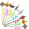 Halloween Glitter Crazy Straws Set - 24pcs with Pumpkins Ghosts & Brushes
