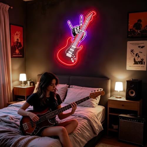 Red Guitar Neon Sign with Rock Hand - USB Powered LED Wall Decor for Music Rooms