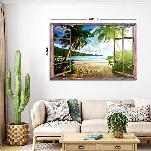Large Tropical Beach Canvas Wall Art - Ocean Sunset Palm Trees, 48 x 32 Inches, Coastal Seascape Decor