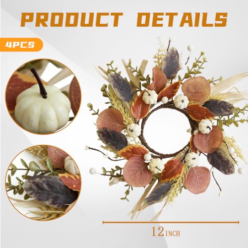 12-Inch Fall Pumpkin Wreaths Set of 4 for Autumn & Thanksgiving Decor