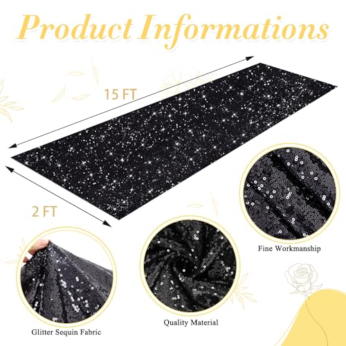 Black Sequin Aisle Runner for Wedding Ceremony 2ft x 15ft - Modern Glitter Carpet with Tapes - Black