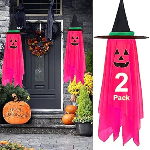 Pink Halloween Hanging Pumpkin Witch Hats 2-Pack Outdoor Decor