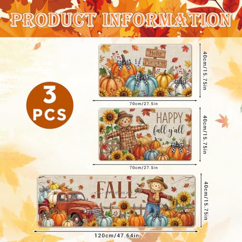 Hello Fall Autumn Scarecrow Kitchen Mat Set of 3 - Farmhouse Style Rug
