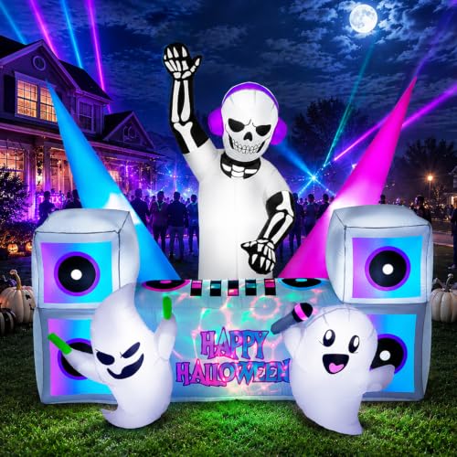 7FT Halloween Inflatable Skeleton DJ Party Yard Decoration with Multi-Color LED Lights