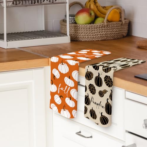Fall Pumpkin Kitchen Towels Set of 2 - Rustic Dishcloths 16x24 Inches