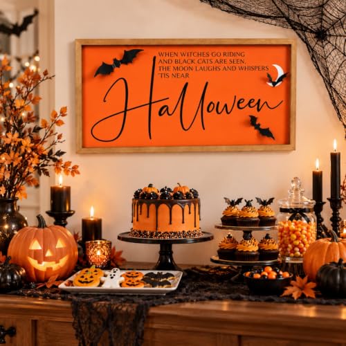 Halloween Wall Art Framed with 3D Bats - Orange Sign for Indoor Decor