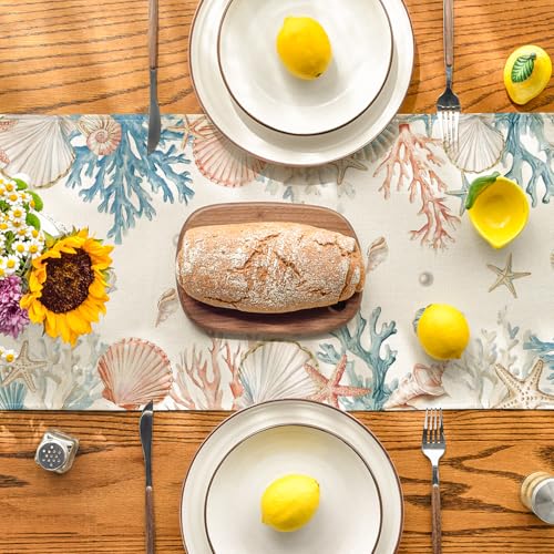 Summer Decorative Table Runner 13x72 Inch Coral Shell Pearl Design - Kitchen & Dining Decor