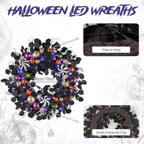 30-Inch Halloween Wreath with Timer - Spider, Skull, Ornaments, Black Green Orange Variation