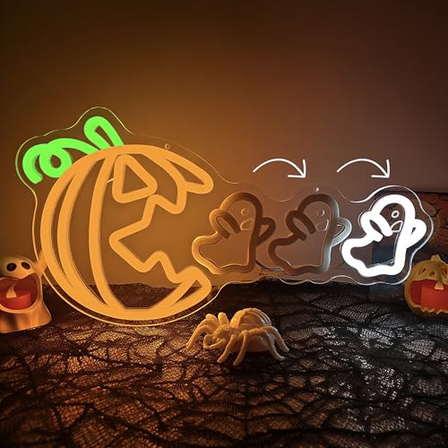 Halloween Pumpkin Neon Sign with Ghost Design - Spooky LED Wall Light for Party & Home Decor
