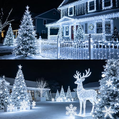 Outdoor Indoor LED String Lights 98.5Ft White Christmas Fairy Lights with 8 Modes