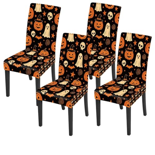 Pumpkin Ghost Skeleton Halloween Chair Covers Set of 4 Stretchable Dining Slipcovers