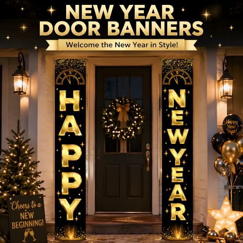 Black Gold New Year Porch Banner - Happy New Year Decorations 2027
