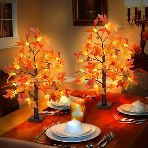 Huyamap 2 Pack 24-Inch Fall Maple Tree Lights with Pumpkin Acorns & Lampshades, Indoor Thanksgiving Decor - Style 2