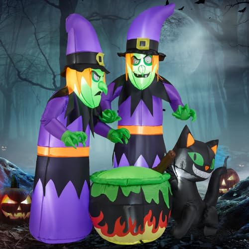 6 Ft Inflatable Halloween Witches & Black Cat Scene with LED Lights, Ground Stakes - Indoor & Outdoor Yard Decor