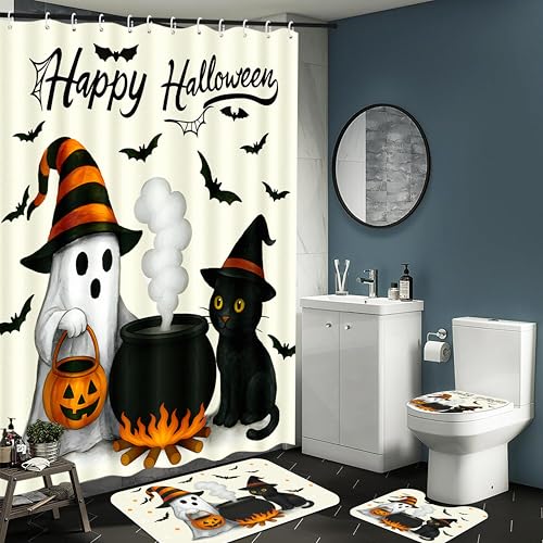 Halloween Shower Curtain Set with Bath Mat Toilet Cover and Hooks - Spooky Ghost Cat Pumpkin Decor