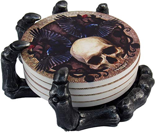 Gothic Skull Coaster Set with Skeleton Hand Holder - Halloween Bar Decor