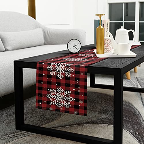 13 x 90 Inch Christmas Table Runner - Red Black Buffalo Plaid Snowflake Decor