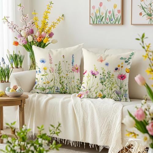 Spring Pillow Covers 20x20 Inch Set of 4 - Floral Farmhouse Decorative Pillowcases - Spring / 20" x 20" (Pack of 4)
