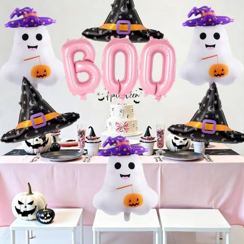Halloween Balloon Set with Ghost & Witch Hat Foil Balloons - Pink Party Decorations