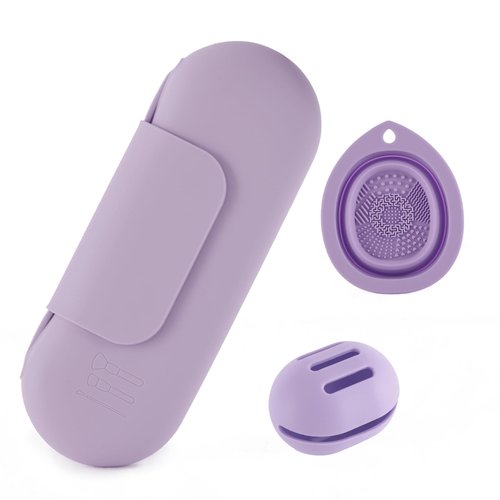 Silicone Makeup Brush Holder Set – Portable Travel Makeup Brush Holder with Makeup Sponge Holder and Foldable Cleaning Bowl – Upgraded 3-in-1 Cosmetic Organizer Set (purple)