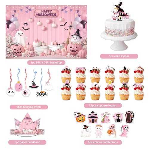 Halloween Party Decorations Set with Backdrop, Masks, Headbands, Cupcake Toppers & Photo Booth Props