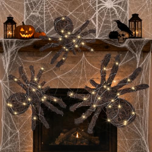 Fake Spider Decor Set with Rattan Woven Legs & String Lights - Halloween Props, 3 Sizes