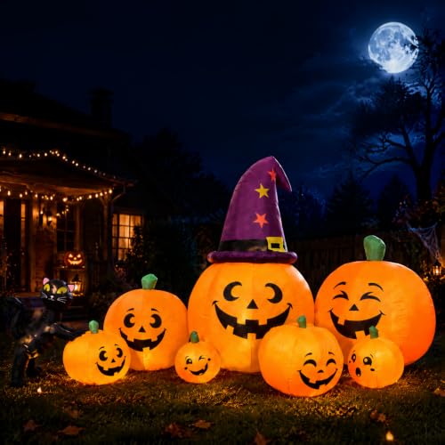 7FT Inflatable Halloween Pumpkin Family Decoration with Witch Hat and Black Cat