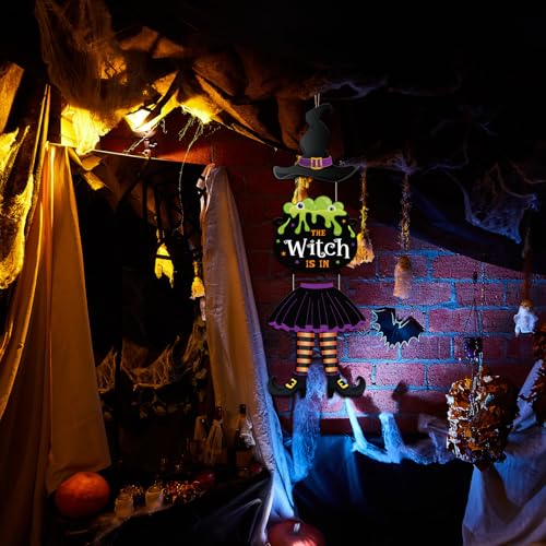 Halloween Witch Sign Decor Set - Wooden Hanging Wall Decorations for Party and Home