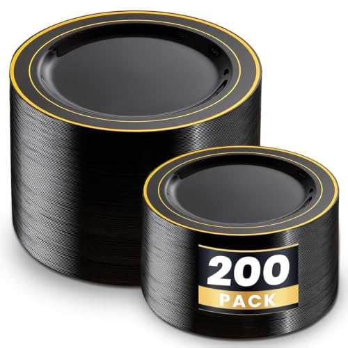Black and Gold Disposable Plates Set - 200 Heavy Duty Party Tableware - Wedding, Birthday, Halloween
