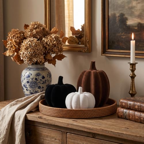 Flocked Velvet Finish Pumpkin Decor Set - White, Brown & Black Resin, 3pcs - Thanksgiving & Fall Home Decor