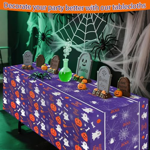 Purple Halloween Ghost Tablecloth - 6FT Spider Web Pumpkin Design for Party Decorations