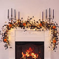 Lighted Halloween Garland for Mantle Fireplace Decorations - 5.2 ft Pumpkin and Black Eucalyptus Decor