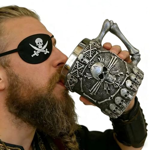 Classic Silver Viking Skull Mug - Pirate Drinkware, 14oz Stainless Steel Coffee & Beer Cup