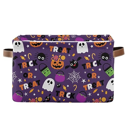 Purple Halloween Storage Basket 16x12x8 Inches Fabric Pumpkin Skull Ghost Trick or Treat Open Home Organizer - Foldable