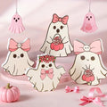 Pink Halloween Ghost Table Decorations - Coquette Bows Ghost - 4 Pcs Wooden Figurines for Home & Party