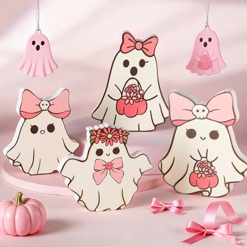 Pink Halloween Ghost Table Decorations - Coquette Bows Ghost - 4 Pcs Wooden Figurines for Home & Party